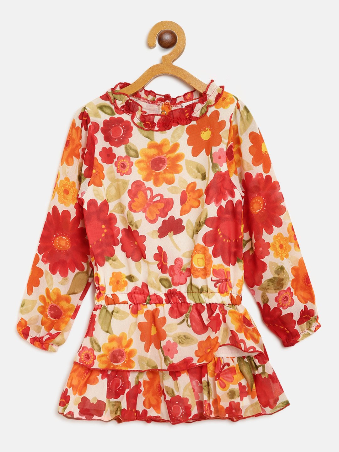 612 league Girls Beige & Red Floral Print Drop-Waist Dress