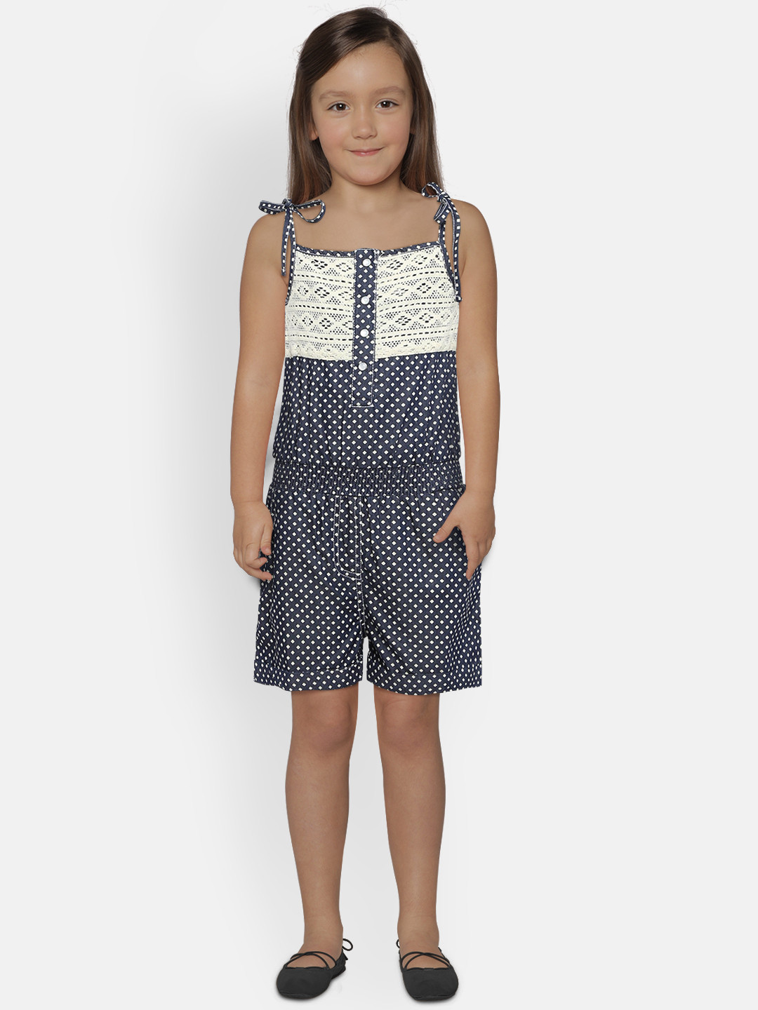 612 league Girls Navy Blue & White Geometric Print Cotton Playsuit with Lace Inserts