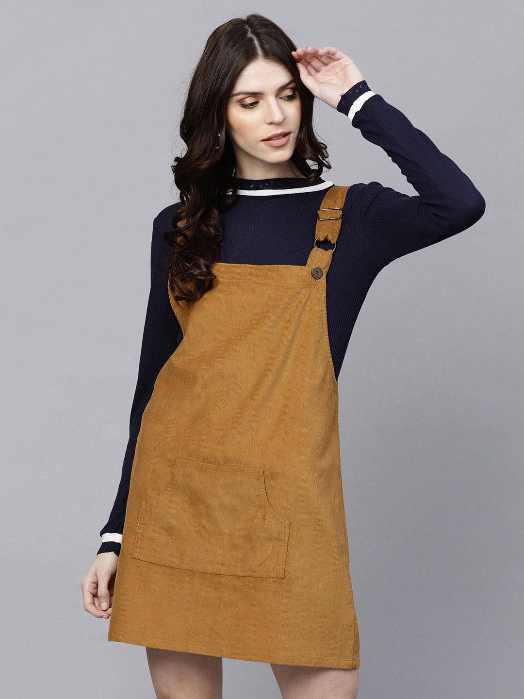 SASSAFRAS Women Brown Solid Corduroy Pinafore Dress