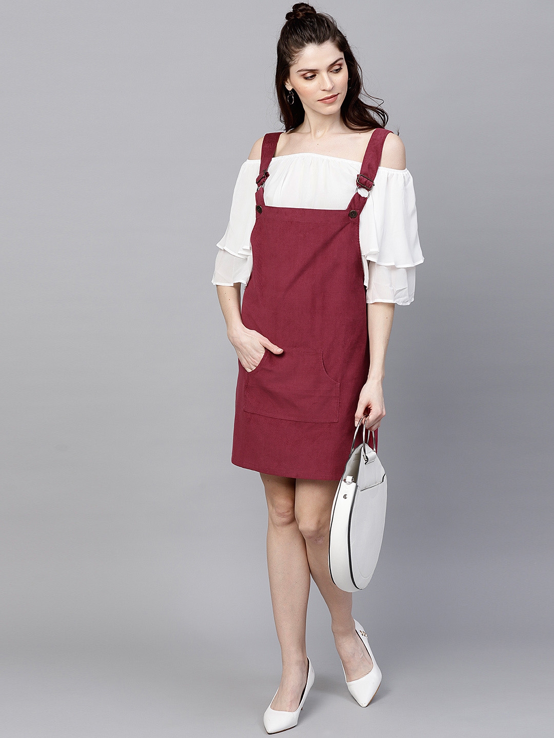 Burgundy pinafore dress store womens