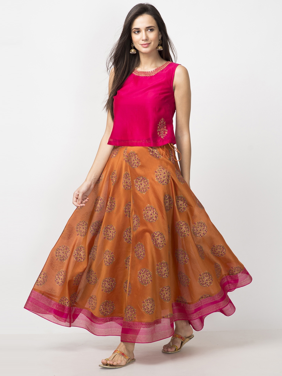 Buy Fabindia Women Pink & Rust Orange Solid Top With Skirt - Co ...
