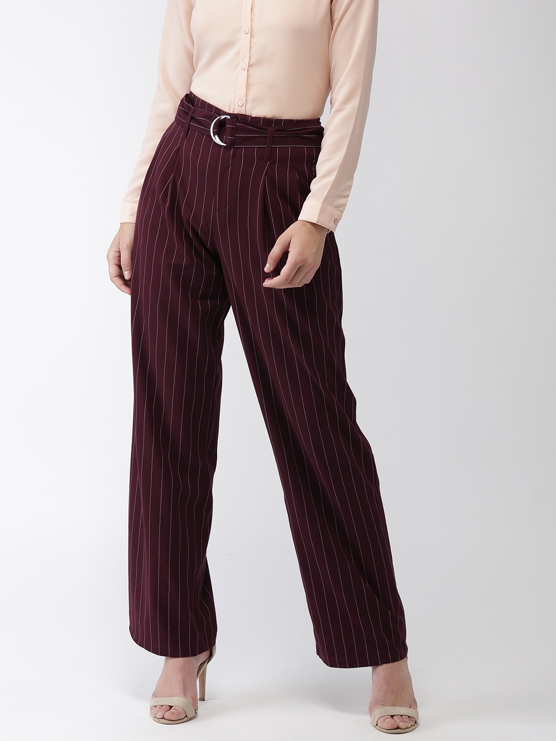 burgundy striped trousers