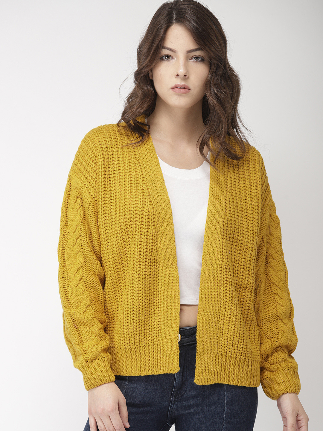 yellow open front sweater
