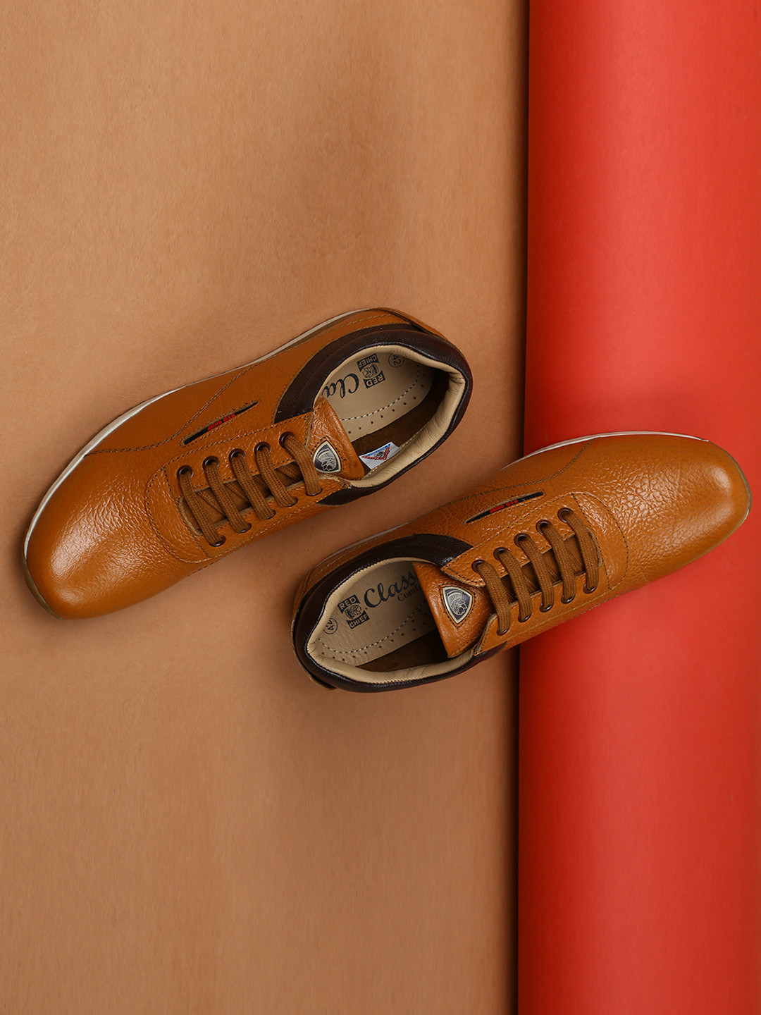 Red Chief Men Tan Brown Textured Leather Sneakers