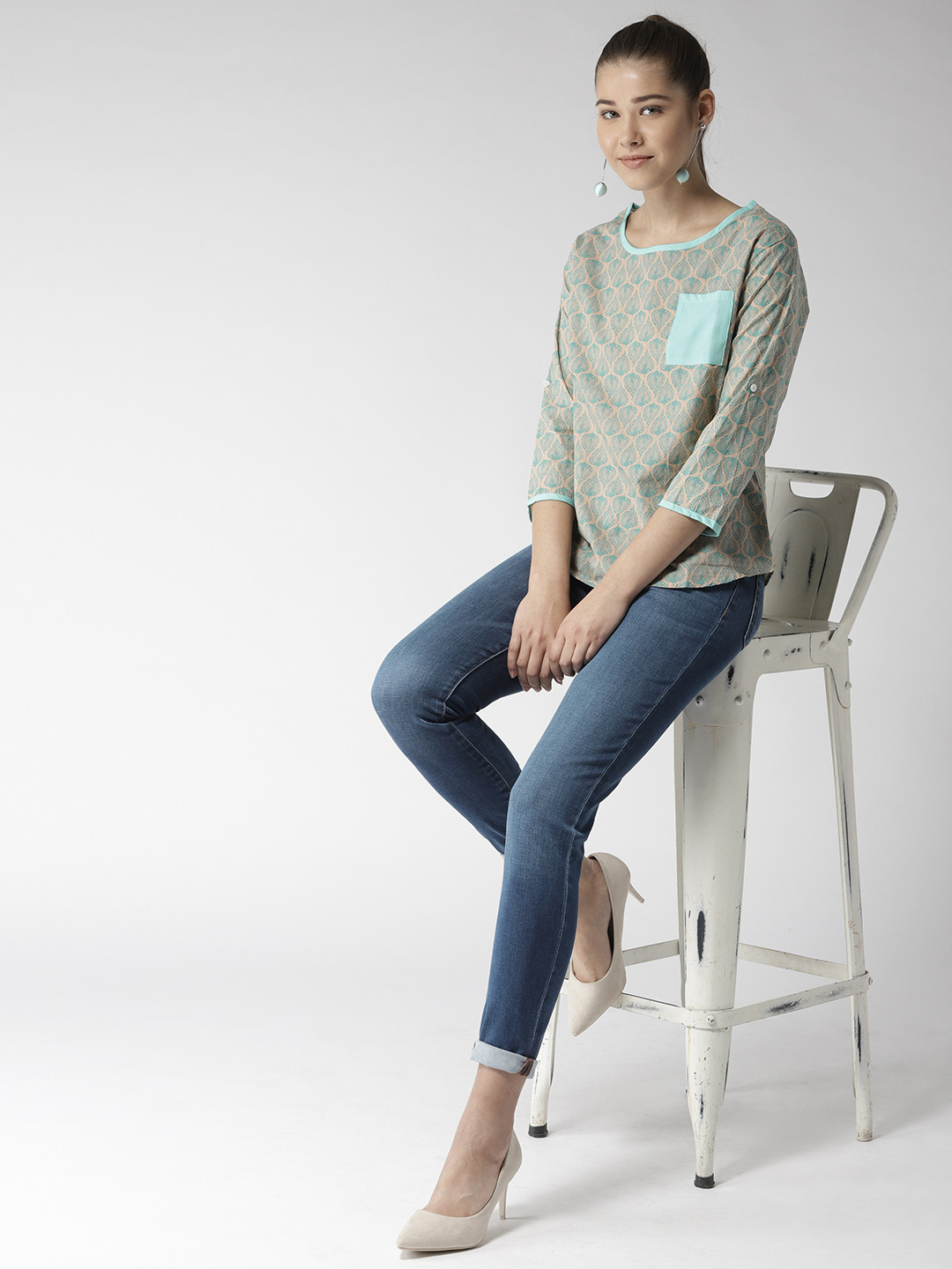 Style Quotient Women Beige & Sea Green Printed Top
