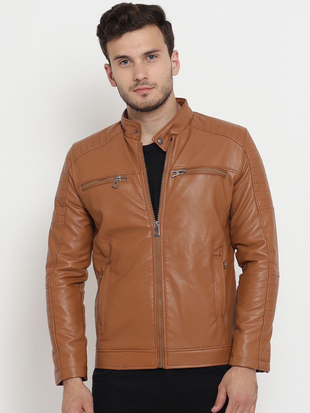 Teesort Men Tan Brown Solid Biker Jacket