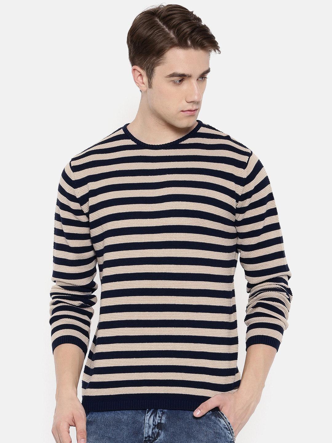 Buy Pepe Jeans Men Beige u0026 Navy Blue Striped Pullover Sweater - Sweaters  for Men 7718940 | Myntra