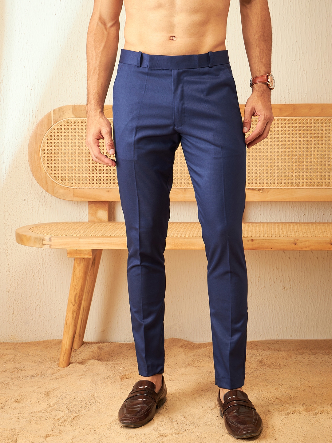 DENNISON Men Navy Blue Tapered Fit Trousers