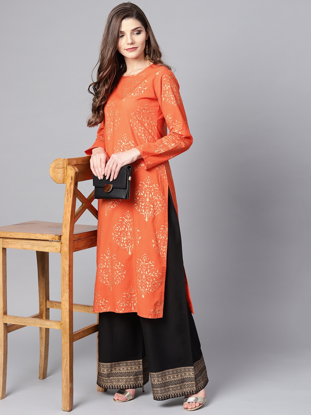 Women Fashionable Off Shoulder Kurti With Golden Flower Printed Long Shrug  in Orange Color with 3/