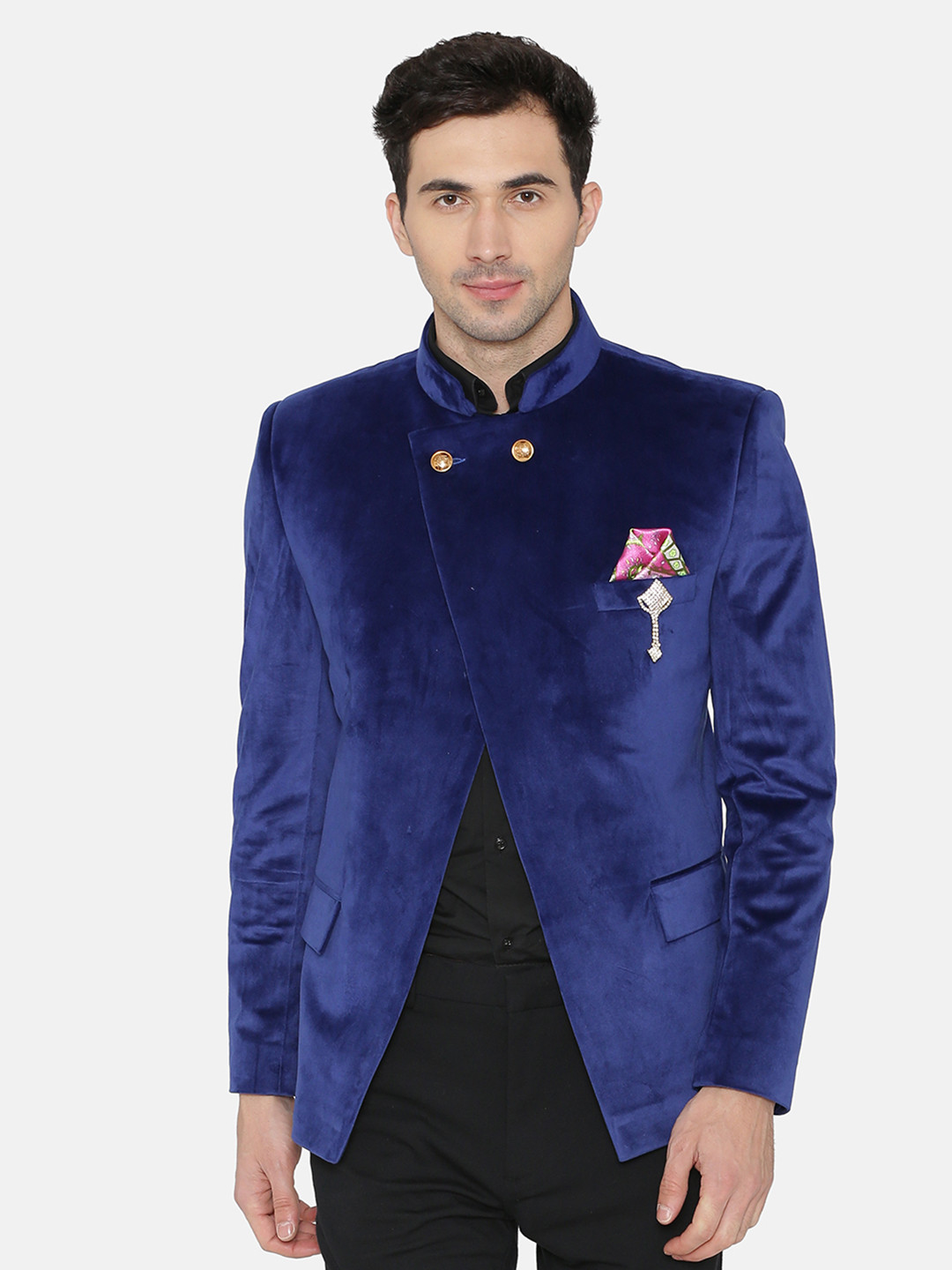 Wintage Men Blue Single-Breasted Velvet Blazer