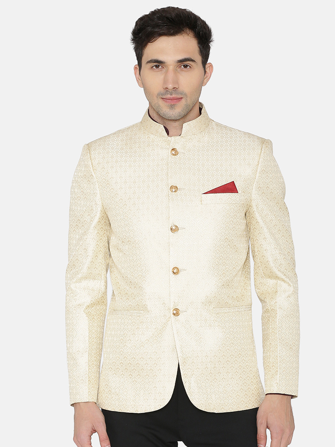 Wintage Men Cream-Coloured Printed Single-Breasted Blazer