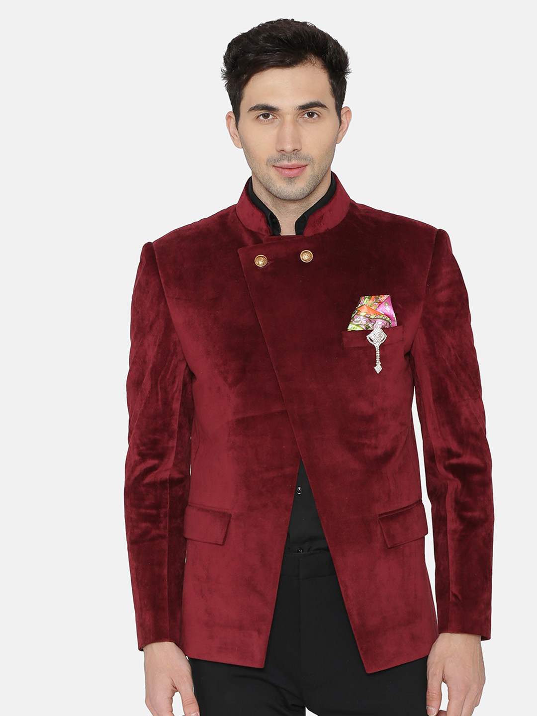 Wintage Men Maroon Single-Breasted Velvet Blazer