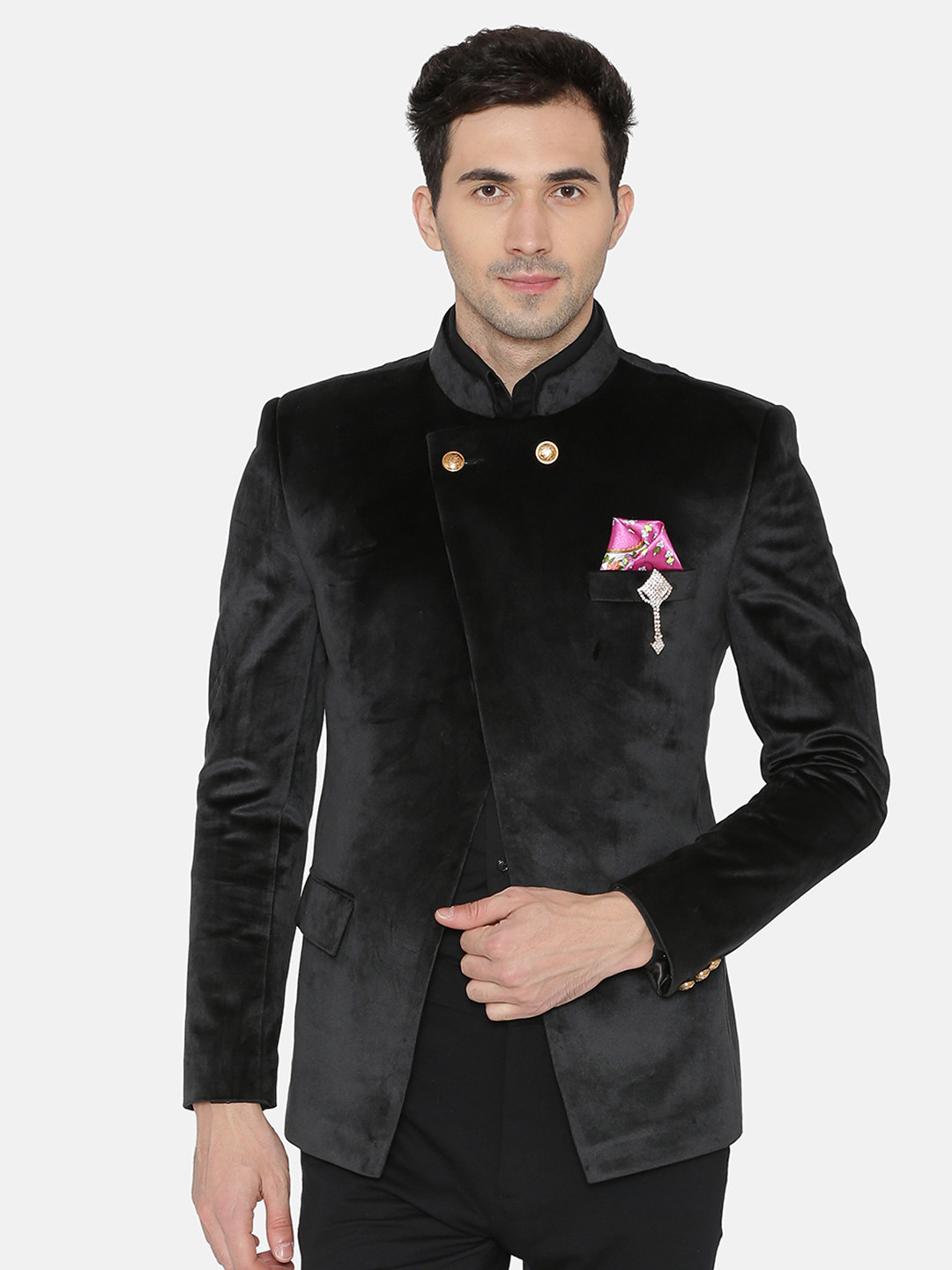 Wintage Men Black Single-Breasted Velvet Blazer