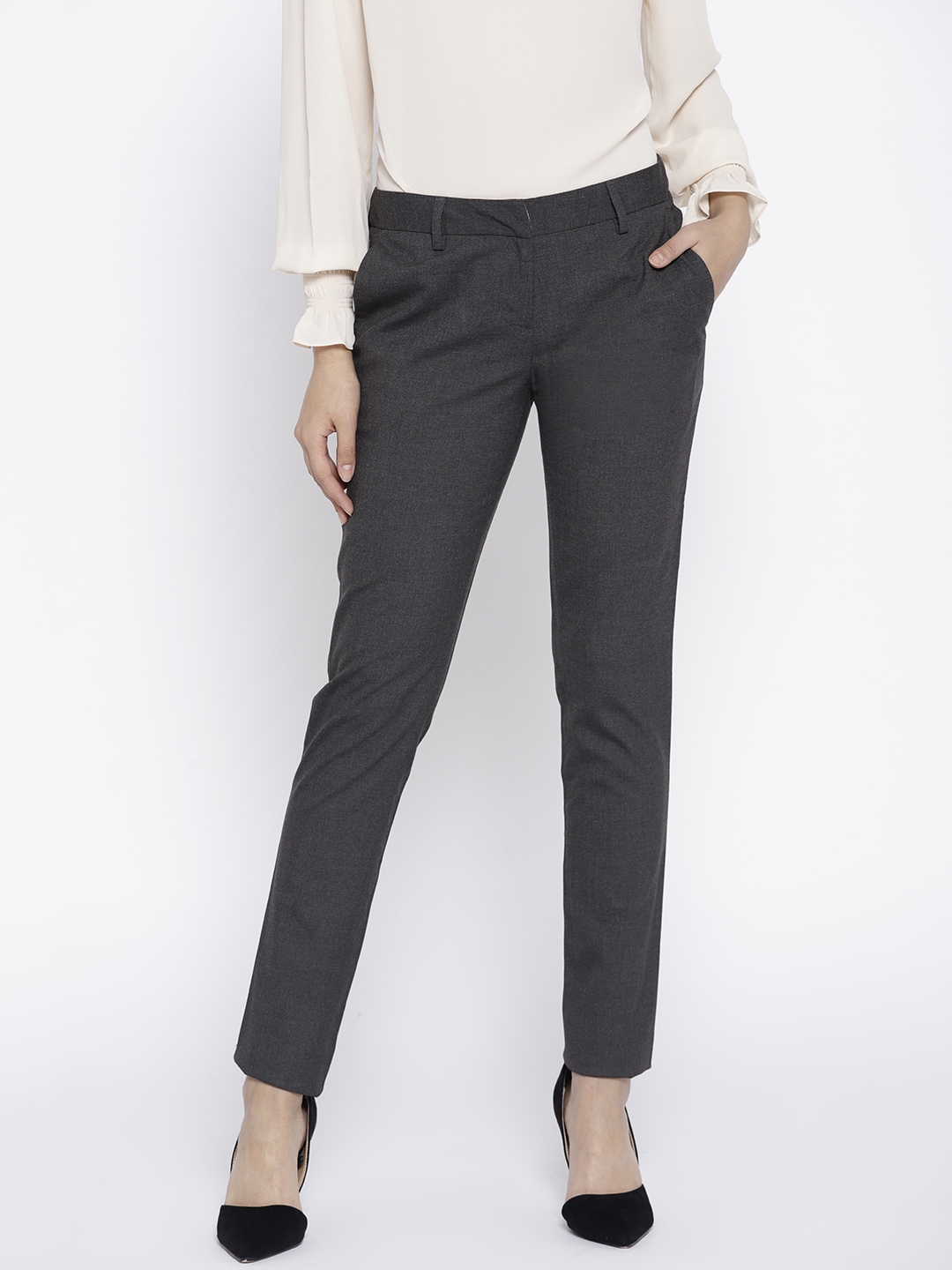 Buy Wills Lifestyle Women Charcoal Grey Slim Fit Solid Formal Trousers   Trousers for Women 7730171  Myntra