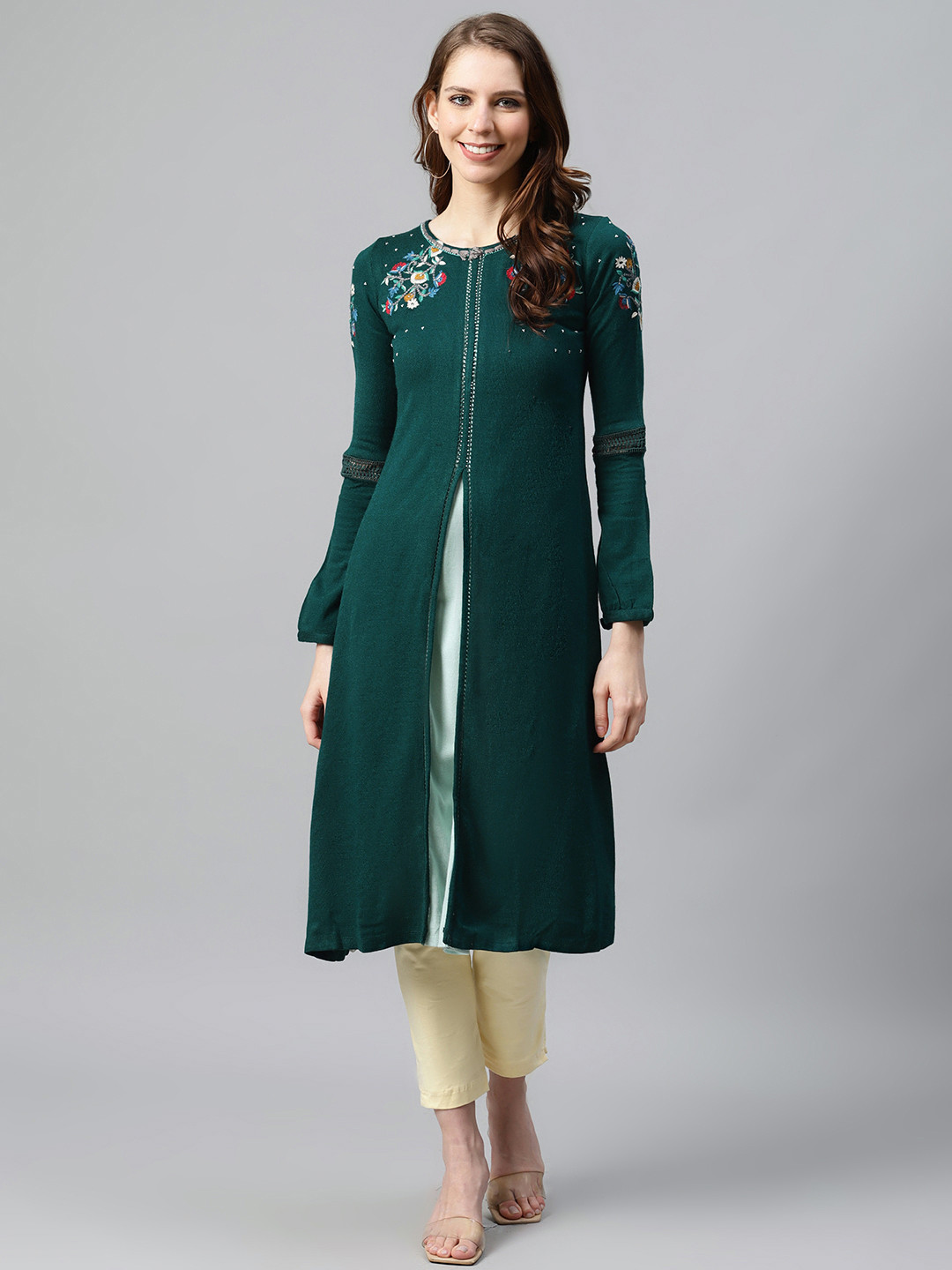 W Women Teal Geen Floral Embroidered Kurta