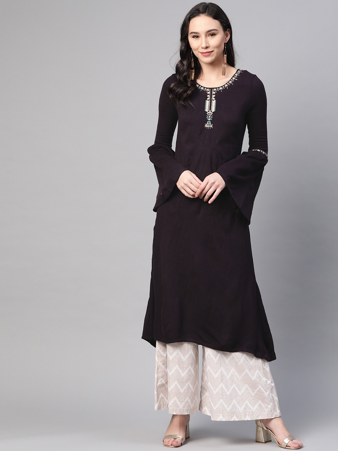 W Women Purple Solid A-Line Winter Kurta