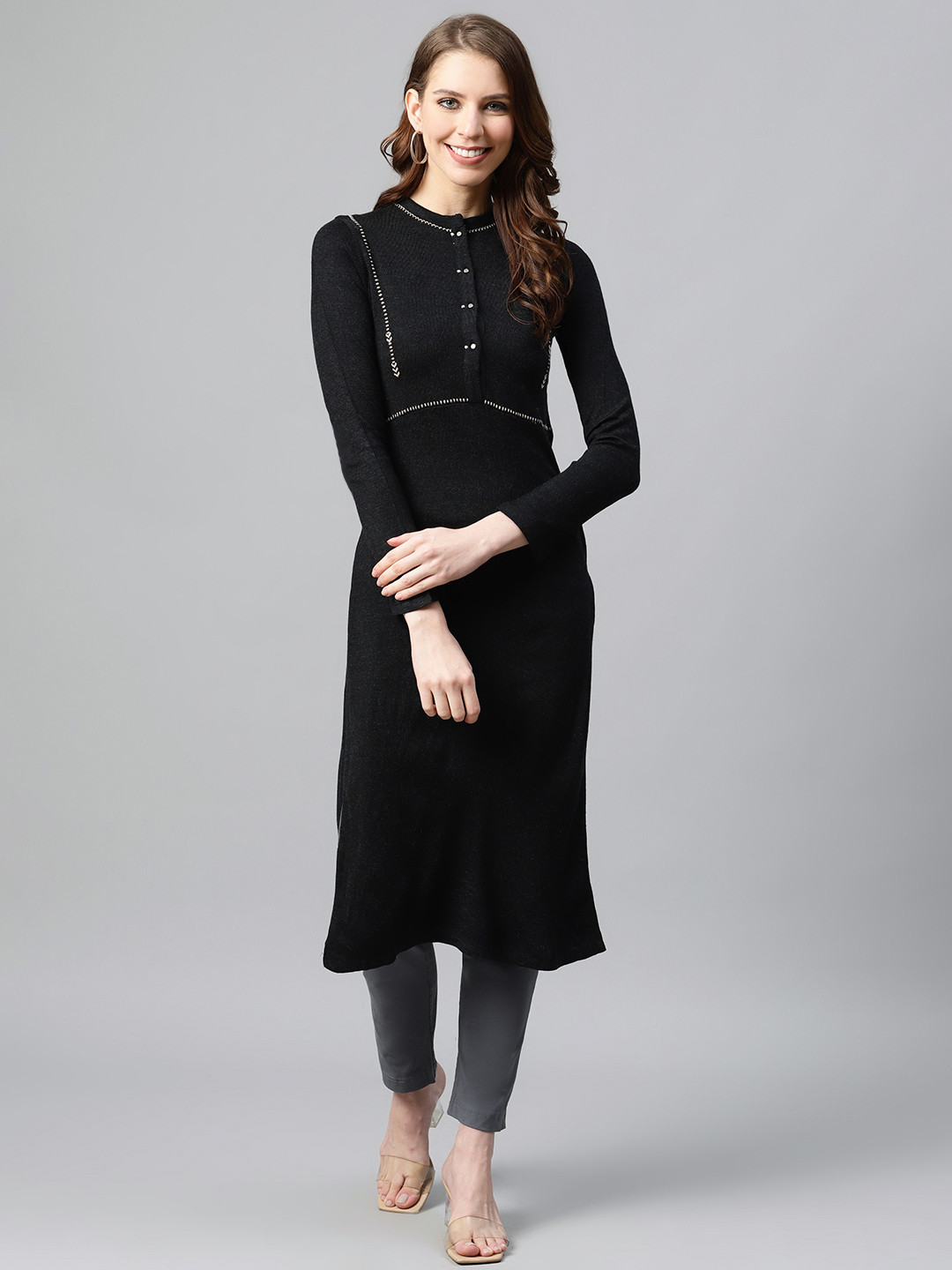 W Women Charcoal Grey Thread Work Kurta