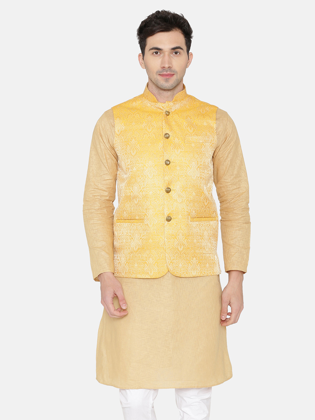 Wintage Men Yellow Woven Designed Nehru Jacket