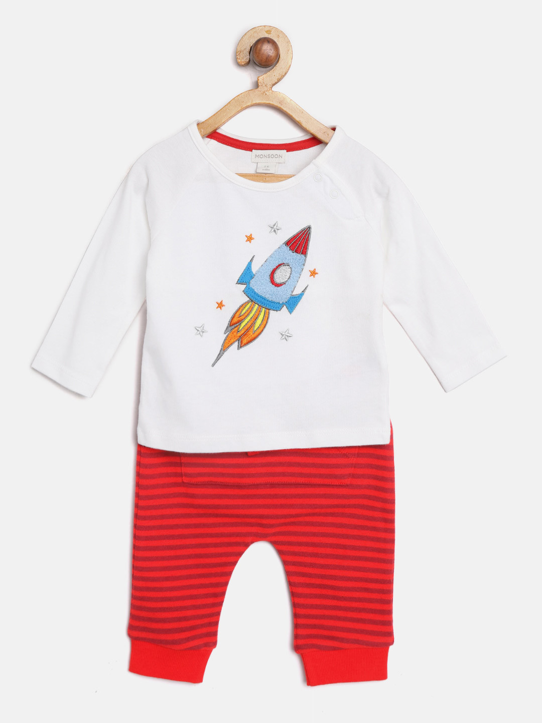 MONSOON CHILDREN Girls White & Red Embroidered T-shirt with Pyjamas