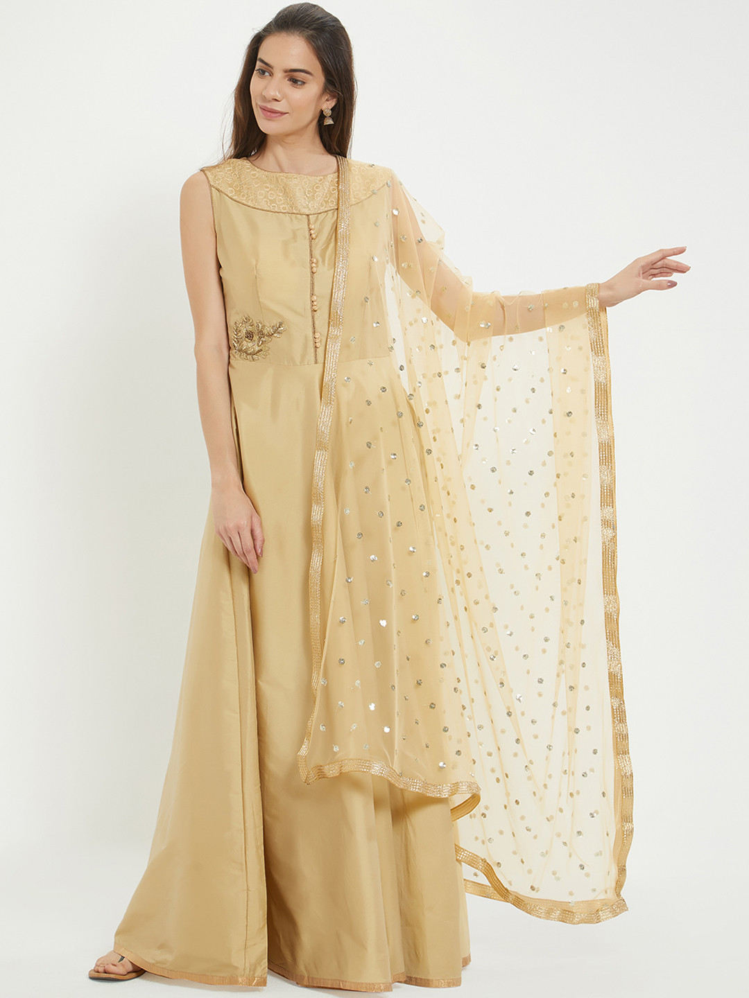 Dupatta Bazaar Beige & Golden-Colored Embroidered Dupatta