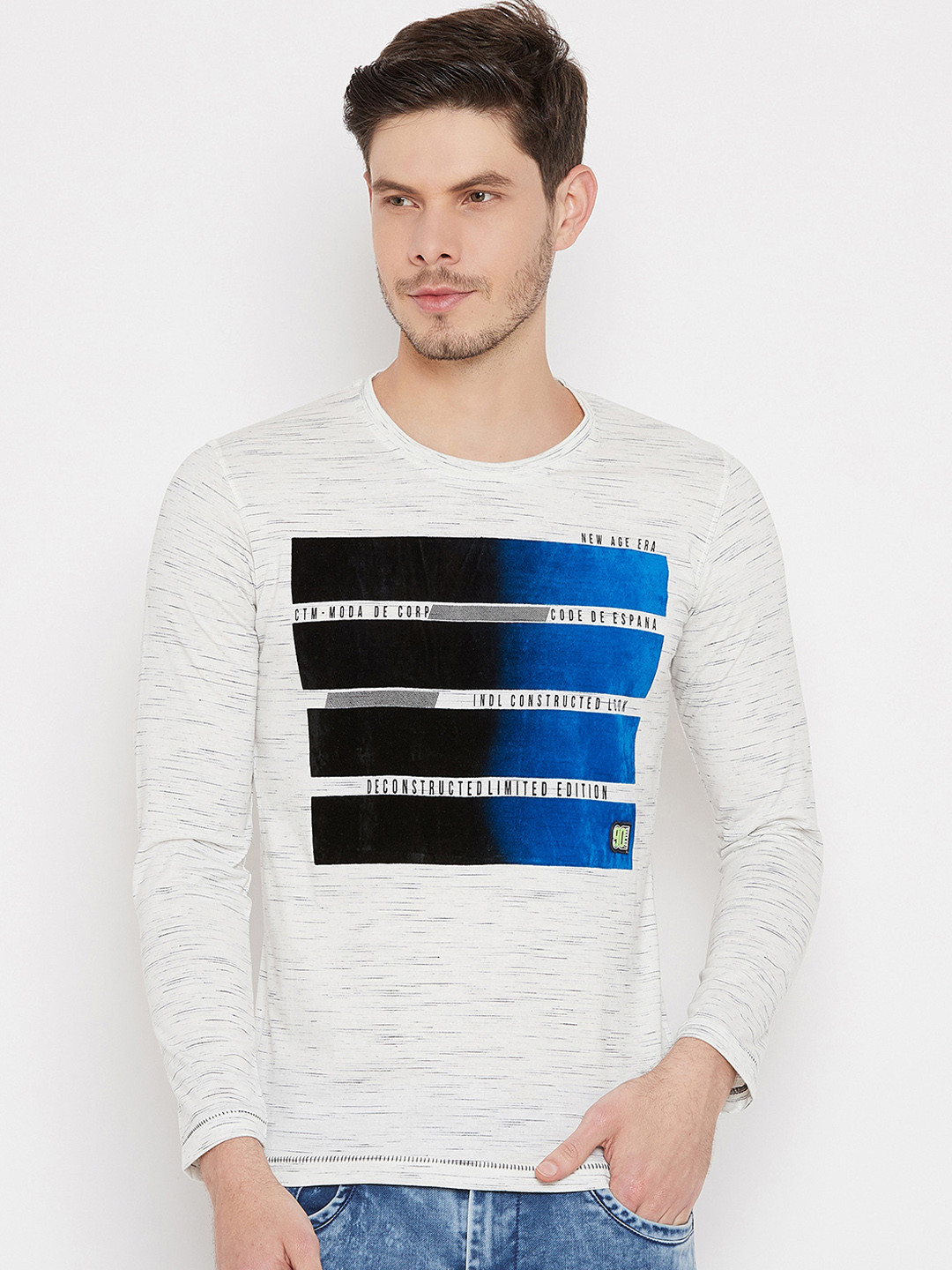 Duke Men Off White Printed Round Neck 