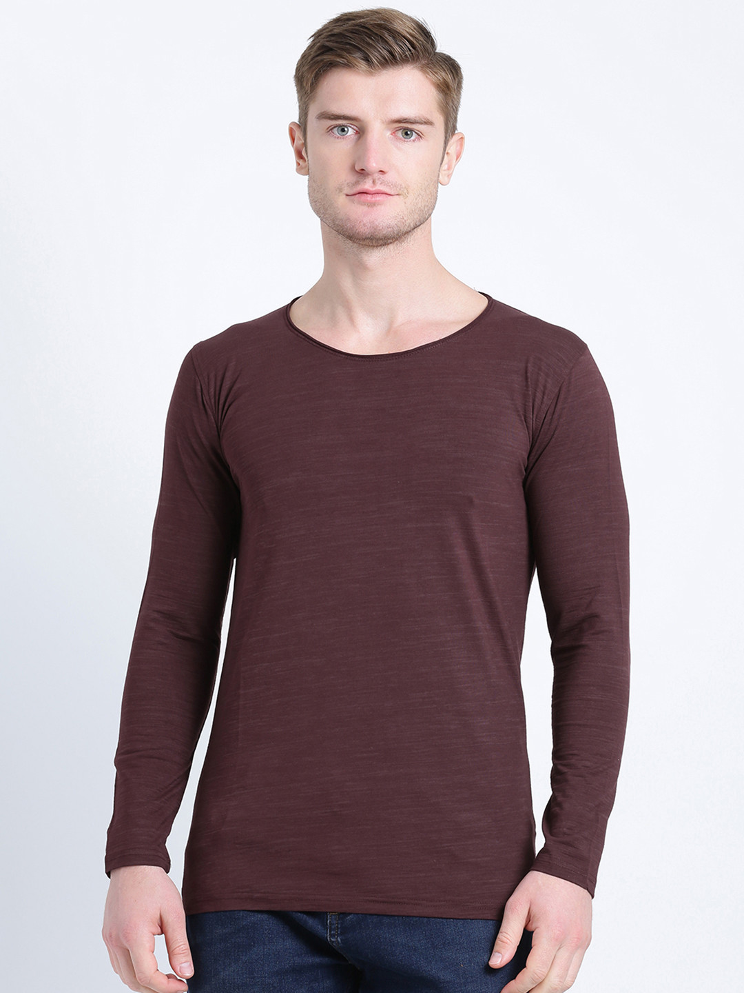 Tinted Men Burgundy Solid Round Neck 