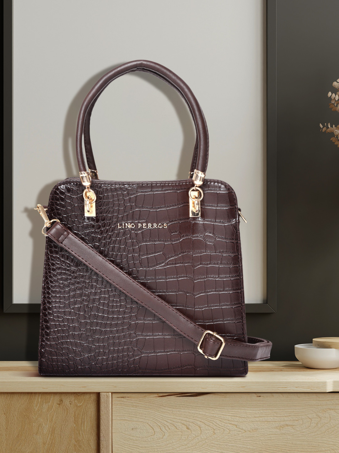 Lino Perros Brown Crock Textured Handheld Bag