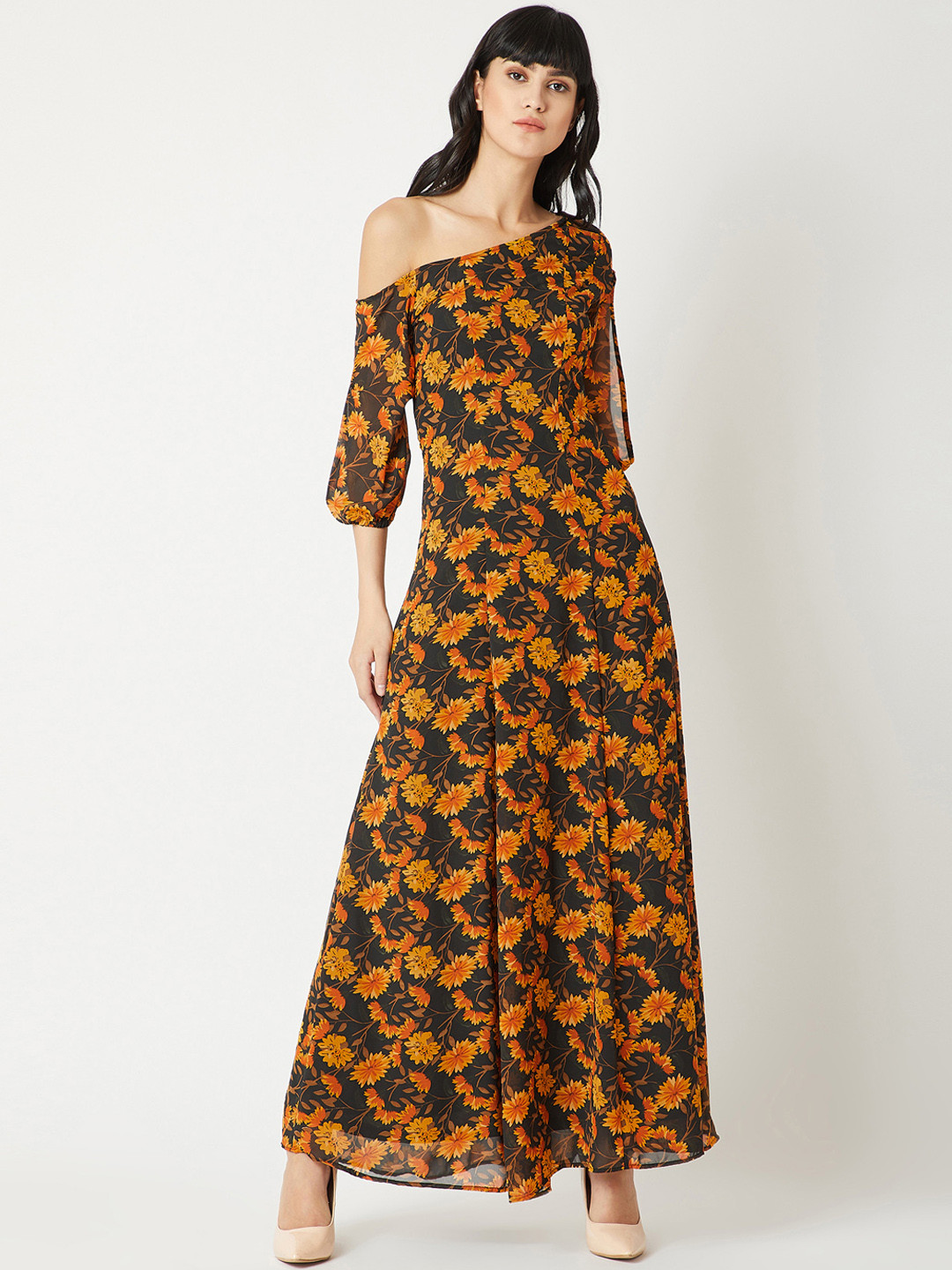 Miss Chase Women Black Floral One Shoulder Maxi Dress