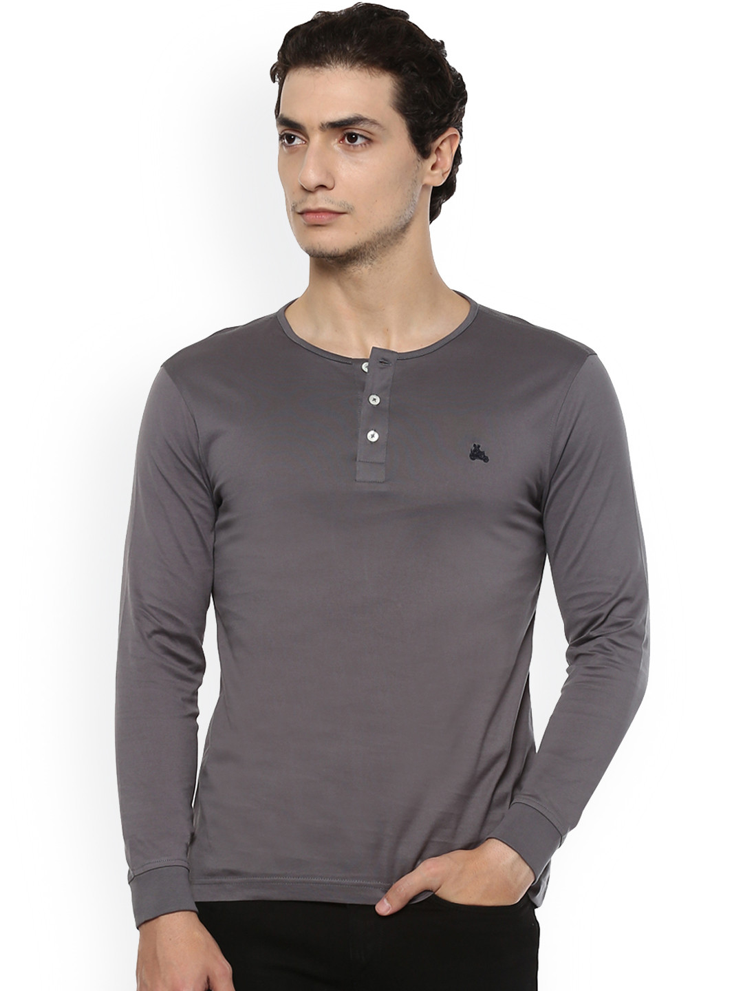 SIMON CARTER LONDON Men Grey Solid Henley Neck T-shirt