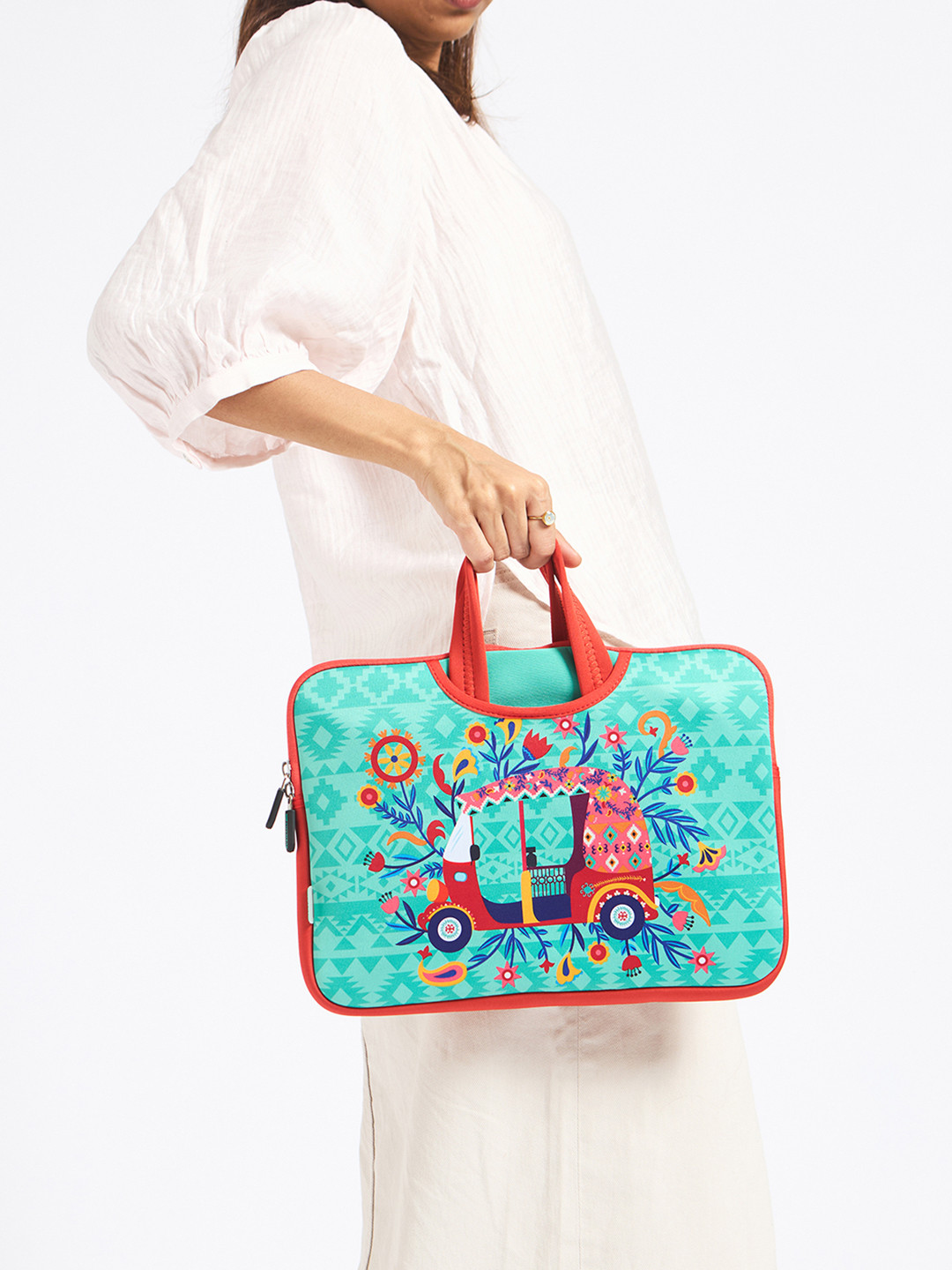 Chumbak Unisex Turquoise Blue & Pink Printed Laptop Sleeve