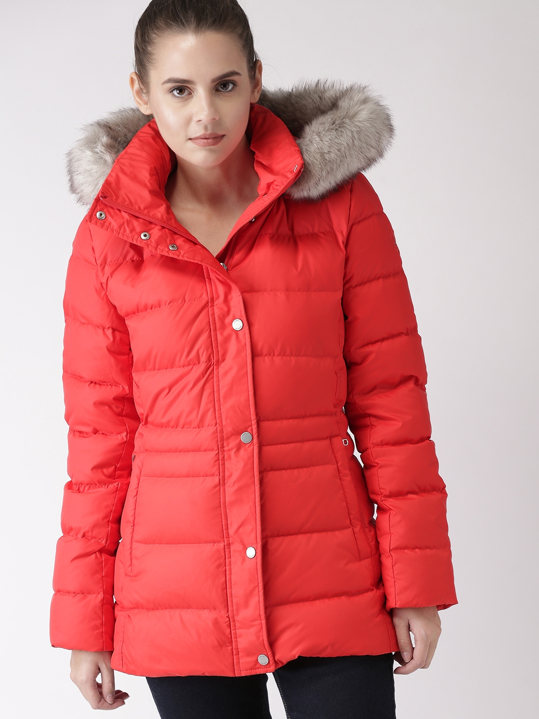 Buy Tommy Hilfiger Women Red Puffer Jacket With Detachable Fur Hood -  Jackets for Women 7759125
