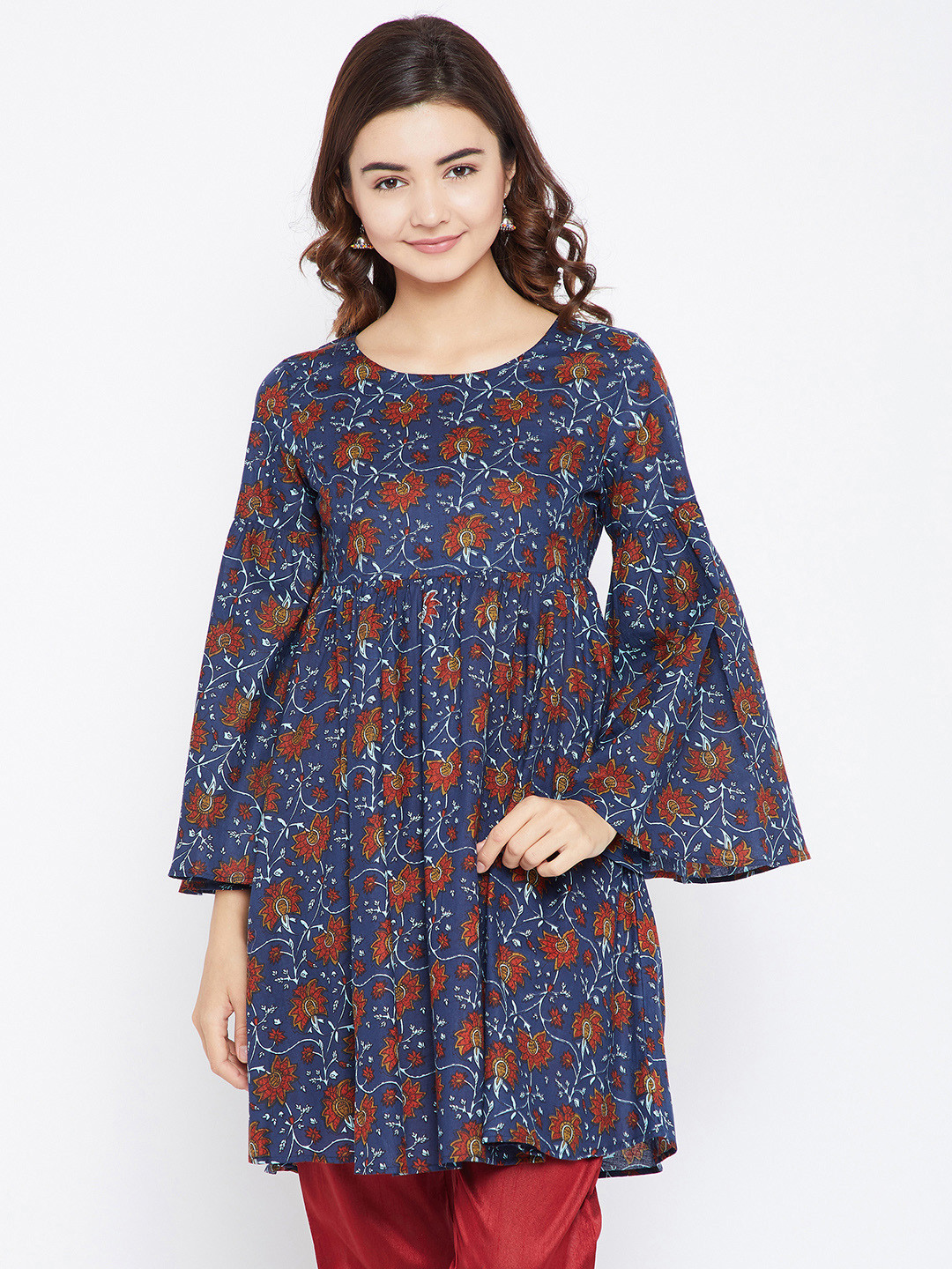 PANIT Women Navy Blue and Maroon Printed Kurtis