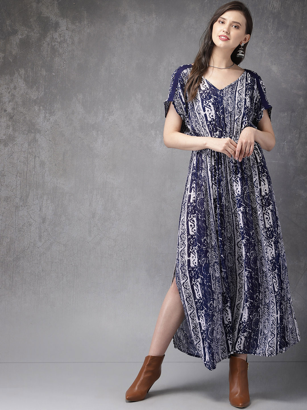 Anouk Women Navy Blue & White Printed A-Line Fusion Kurta