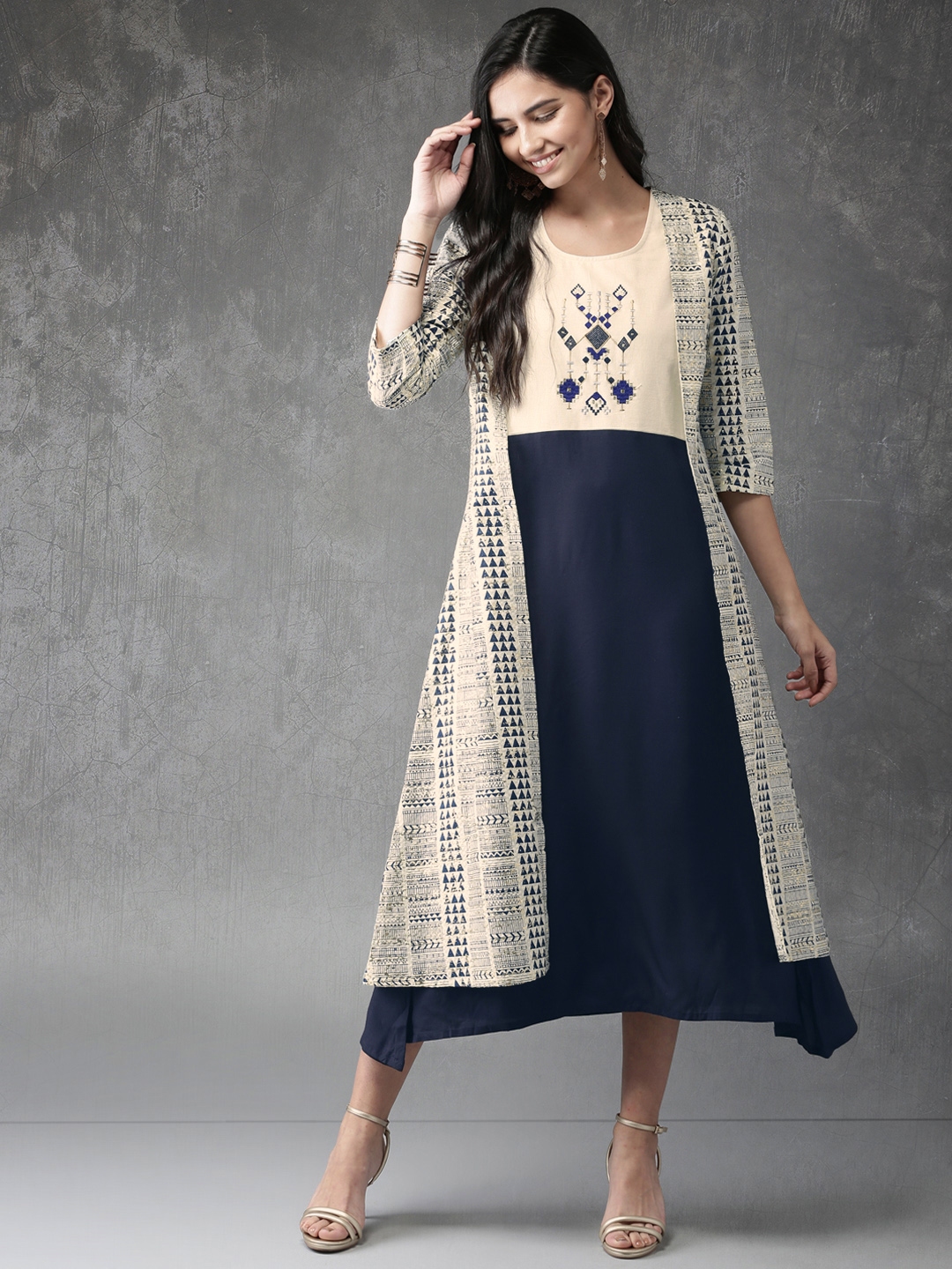Buy Anouk Women Off White u0026 Navy Blue Colourblocked A Line Fusion Kurta  With Shrug - Kurtas for Women 7764227 | Myntra