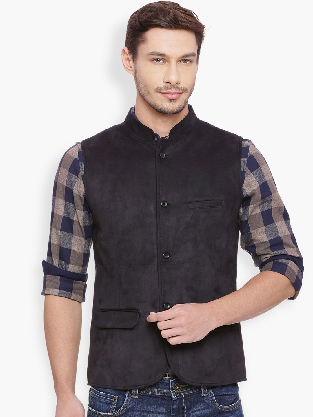 Basics Men Black Solid Slim Fit Nehru Jacket