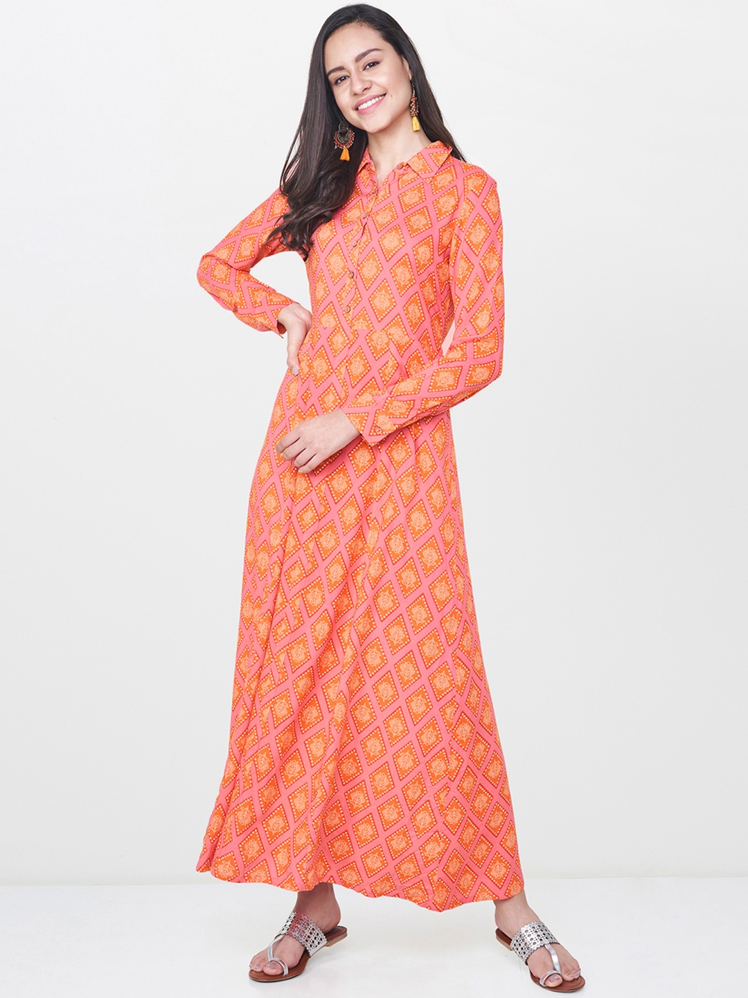 Global Desi Women Coral Printed Maxi Dress