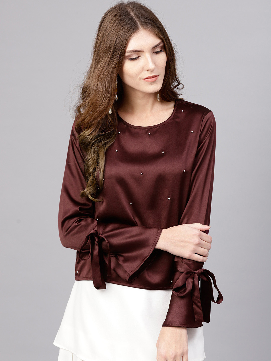 STREET 9 Women Burgundy Satin Embellished Top