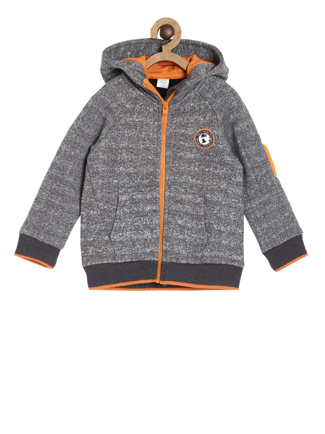 MINI KLUB Boys Grey Solid Hooded Sweatshirt