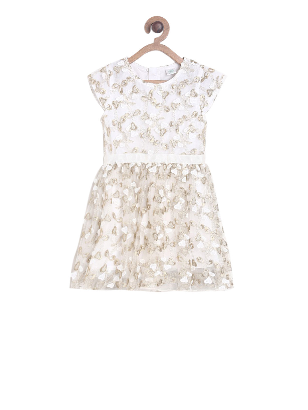 MINI KLUB Girls Cream-Coloured Self Design Fit and Flare Dress
