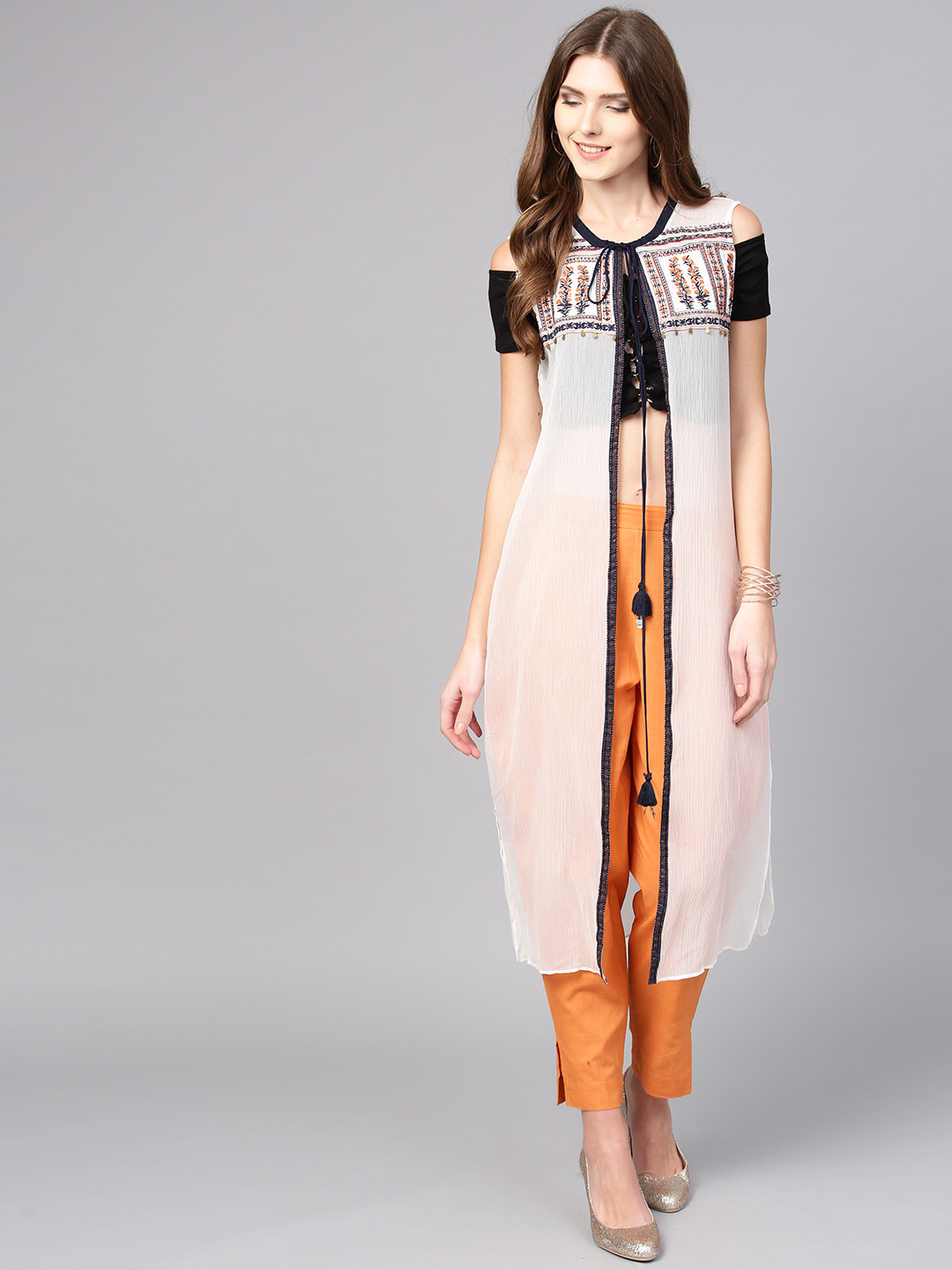 W Women White Solid Semi Sheer Sleeveless Longline Ethnic Jacket with Embroidered Detail