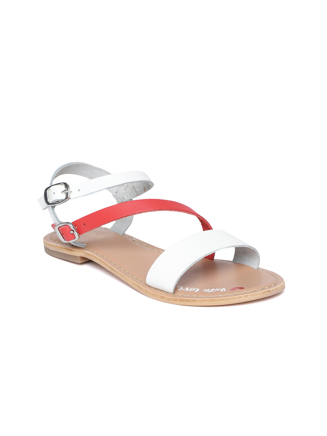 Tao Paris Women White & Red Colourblocked Open Toe Leather Flats