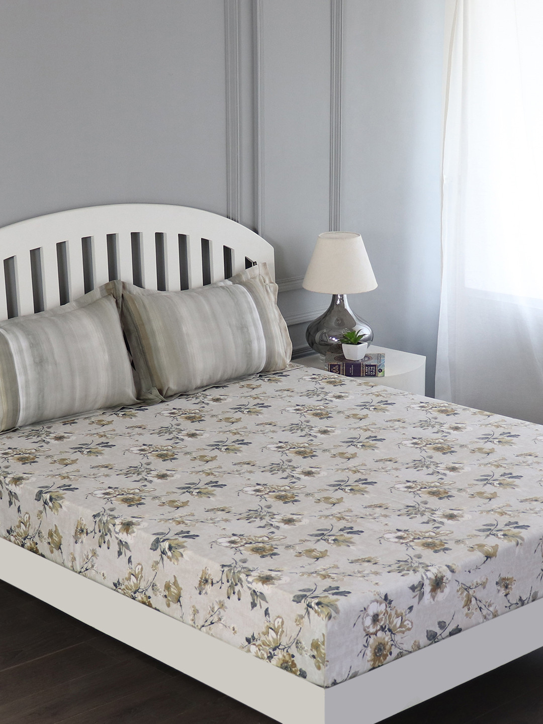 GM Grey & Beige Floral Flat 180 TC Cotton 1 Super Queen Bedsheet with 2 Pillow Covers