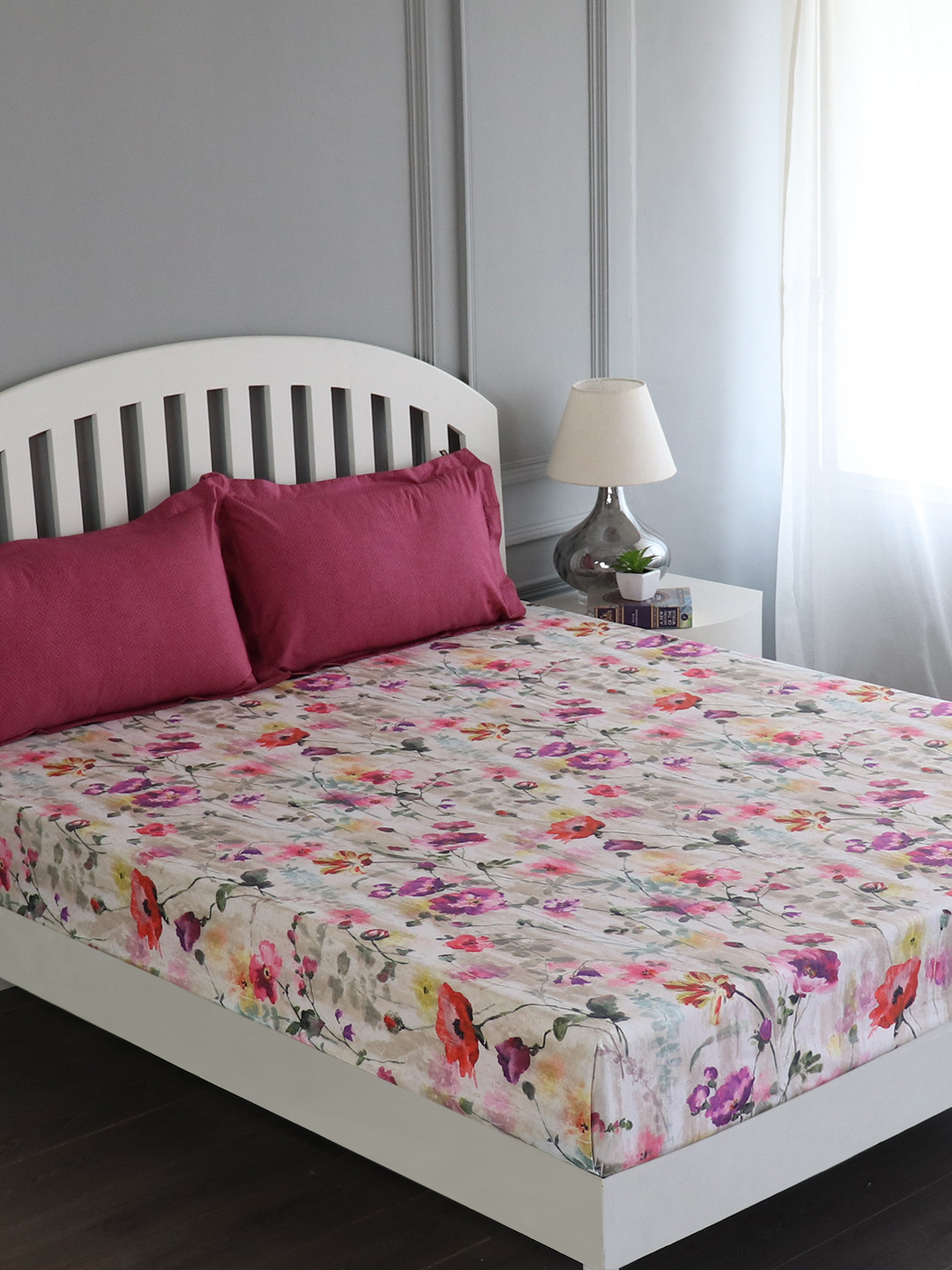 GM Gmf Casa Plus Multicoloured Floral Cotton 180 TC King Fine Bedsheet with 2 Pillow Covers-108 x 108 inches