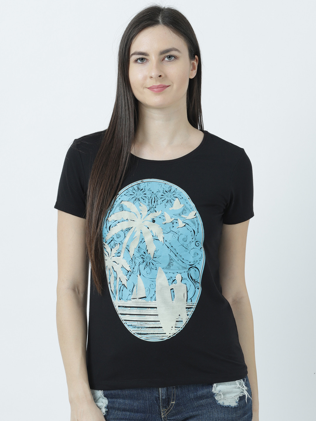 Huetrap Women Black Printed Round Neck  Glow In The Dark T-shirt