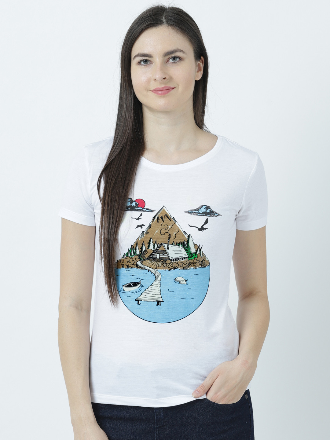 Huetrap Women White Printed Round Glow In The Dark Neck T-shirt