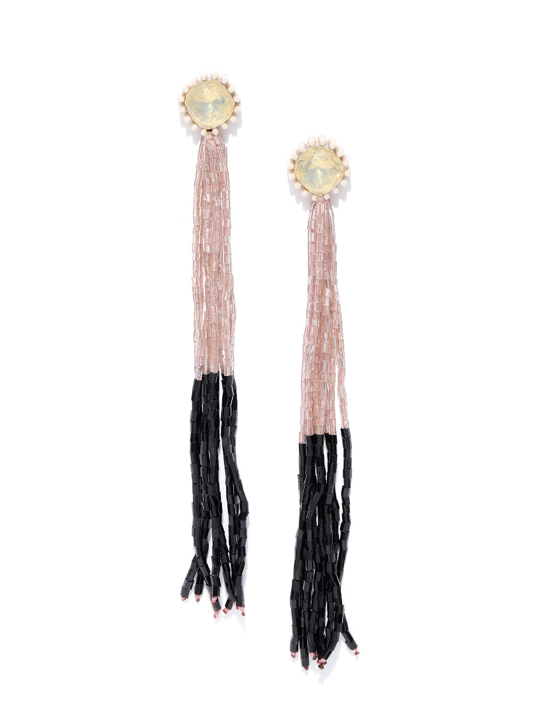 Jewels Galaxy Beige & Black Handcrafted Tasseled Contemporary Drop Earrings