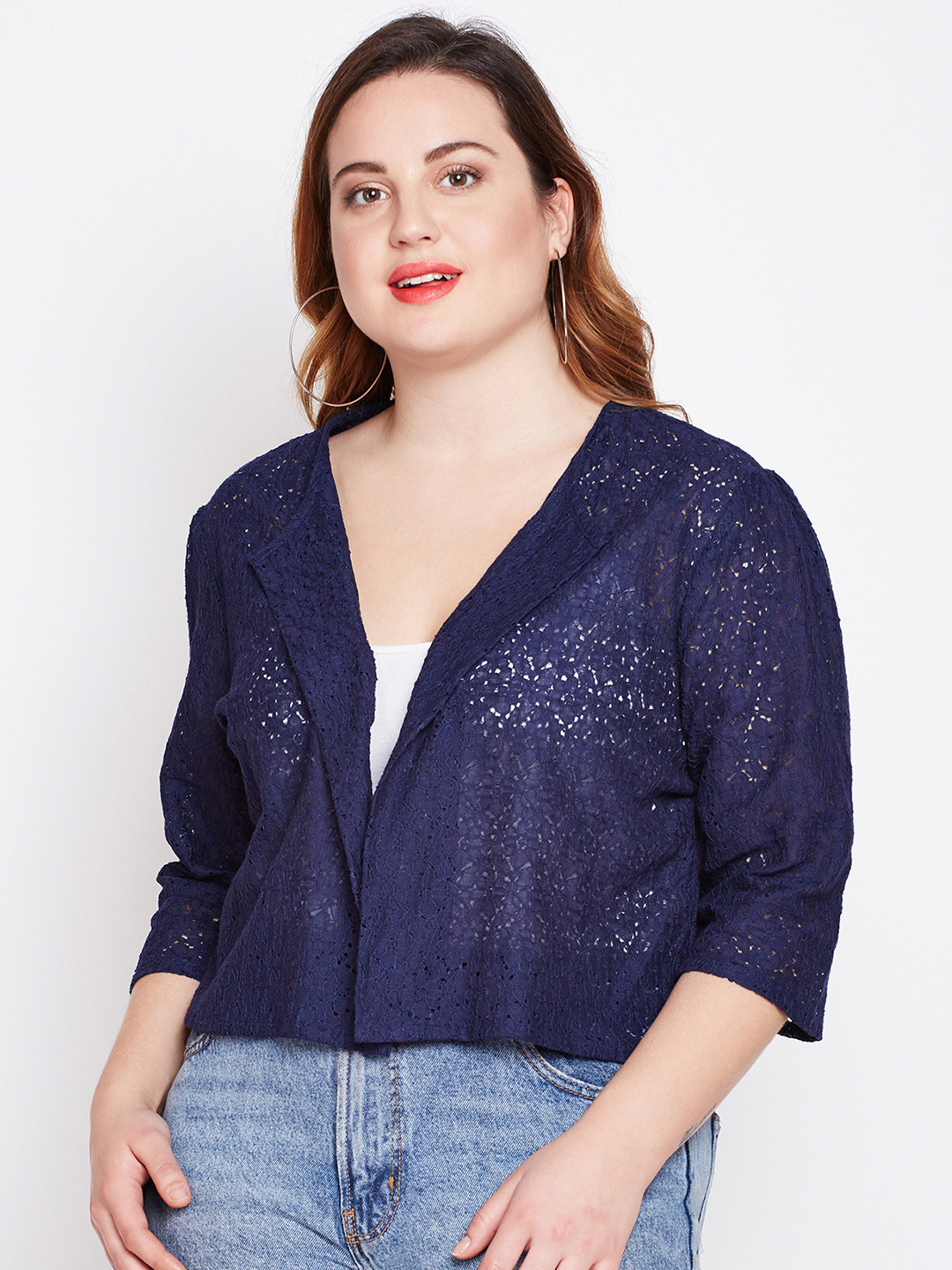 Style Quotient Women Plus Size Navy Blue Self Design Open Front Shrug
