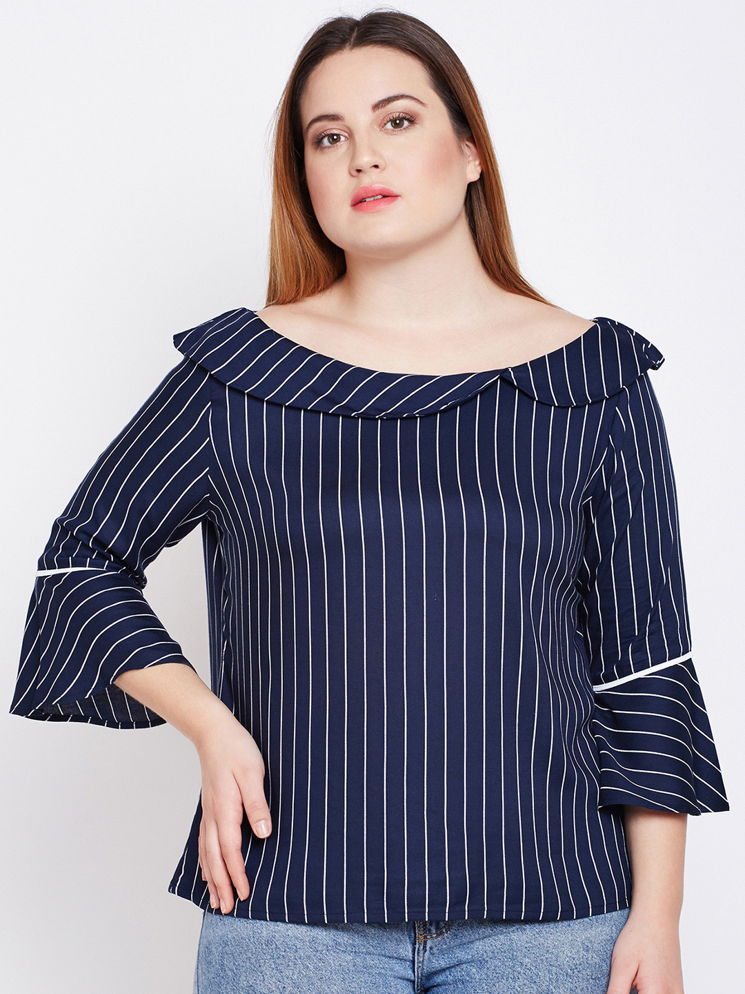 Style Quotient Women Plus Size Navy Blue Striped Top