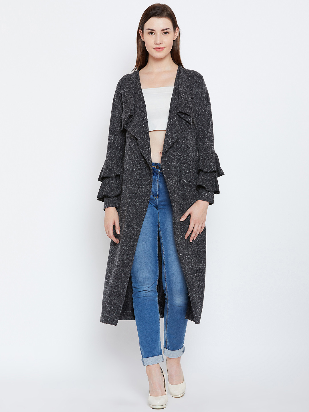 Hypernation Charcoal Grey Solid Open Front Shrug