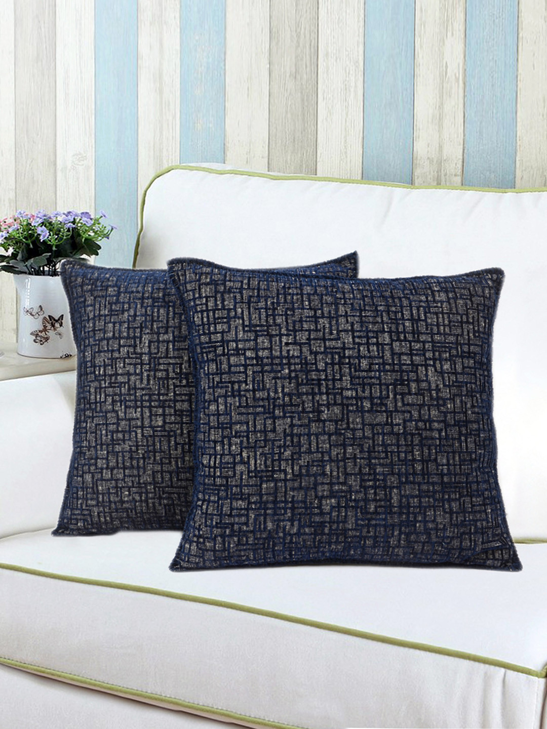 Saral Home Tic Tac Chenille Geometric Viscose Rayon 2 Pcs Embroidered Cushion Covers - 15.7 x 15.7 In